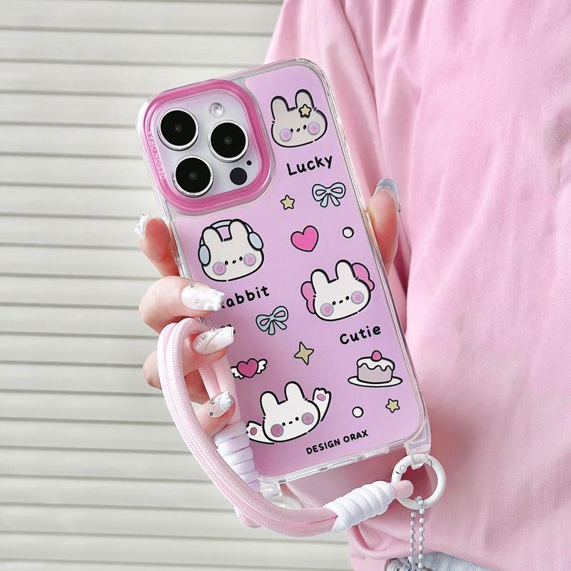 Zhitai Mirror Phone Case with Lanyard for iPhone 13/14/15 Pro Max - Cartoon Design