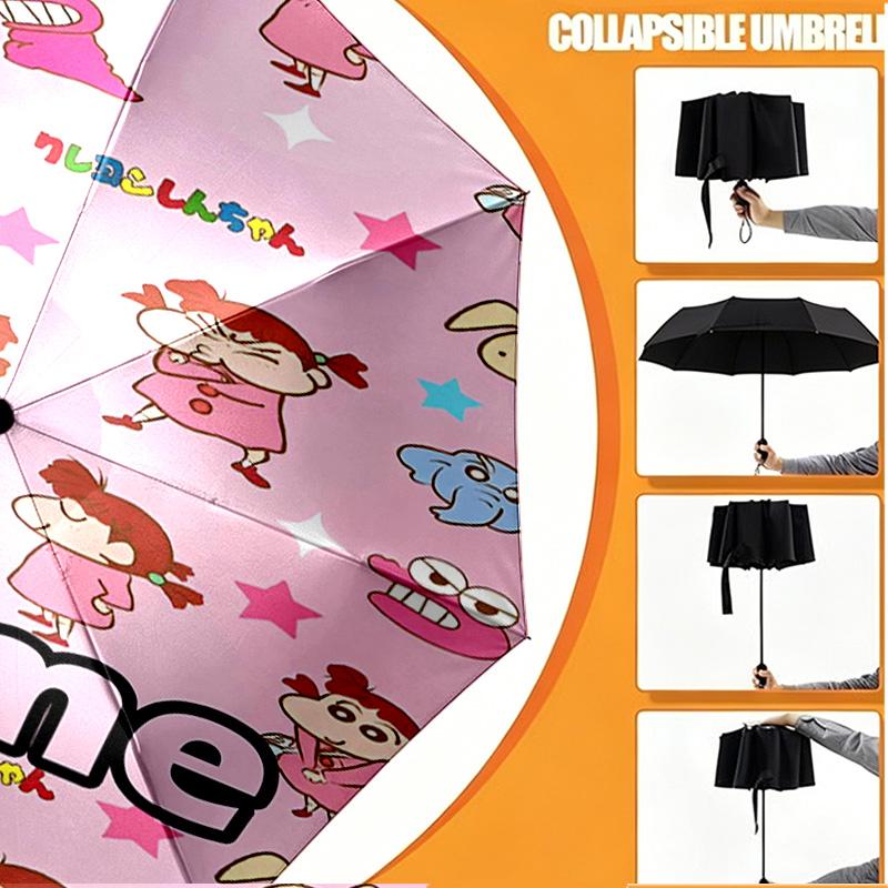 Custom Name Personalized Crayon Shin Print Umbrella, Auto Open Close, 8‑Rib Sturdy Frame, Commute Camping Hiking Use, Birthday Gift