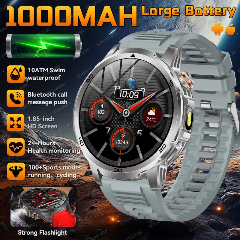 

New Military Smart Watch Waterproof Men Heart rate Sports outdoor tracking 1000mah Battery Bluetooth call Flashlight watch Sports Watch сірий