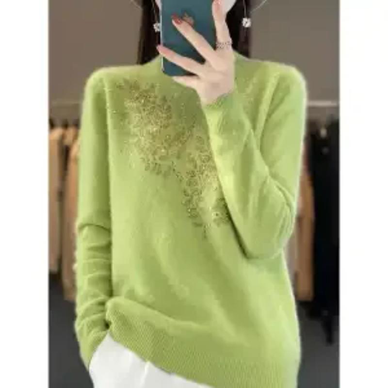 Høst Vinter Ny Stil Rhinestone-dekorert Halvhøy Hals Topp Løs Genser Andi Fløyel Strikkegenser Dame Yttertøy Topp