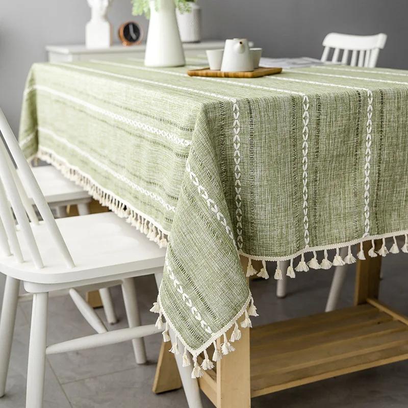 Cotton Linen Tablecloth Rectangle Dining Table Cover Wrinkle Free Farmhouse Fabric Cloth with Tassels Restaurant Party Decor