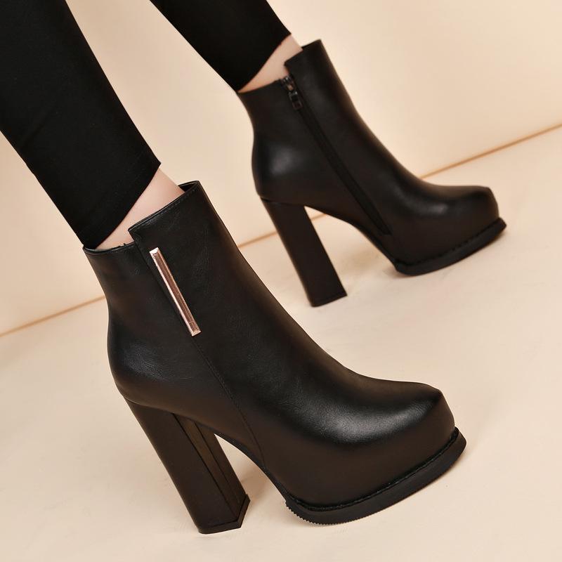 Autumn Winter Plush Boots Women British Thick Heel Waterproof Platform Thick Bottom Short Boot High Heels Lady