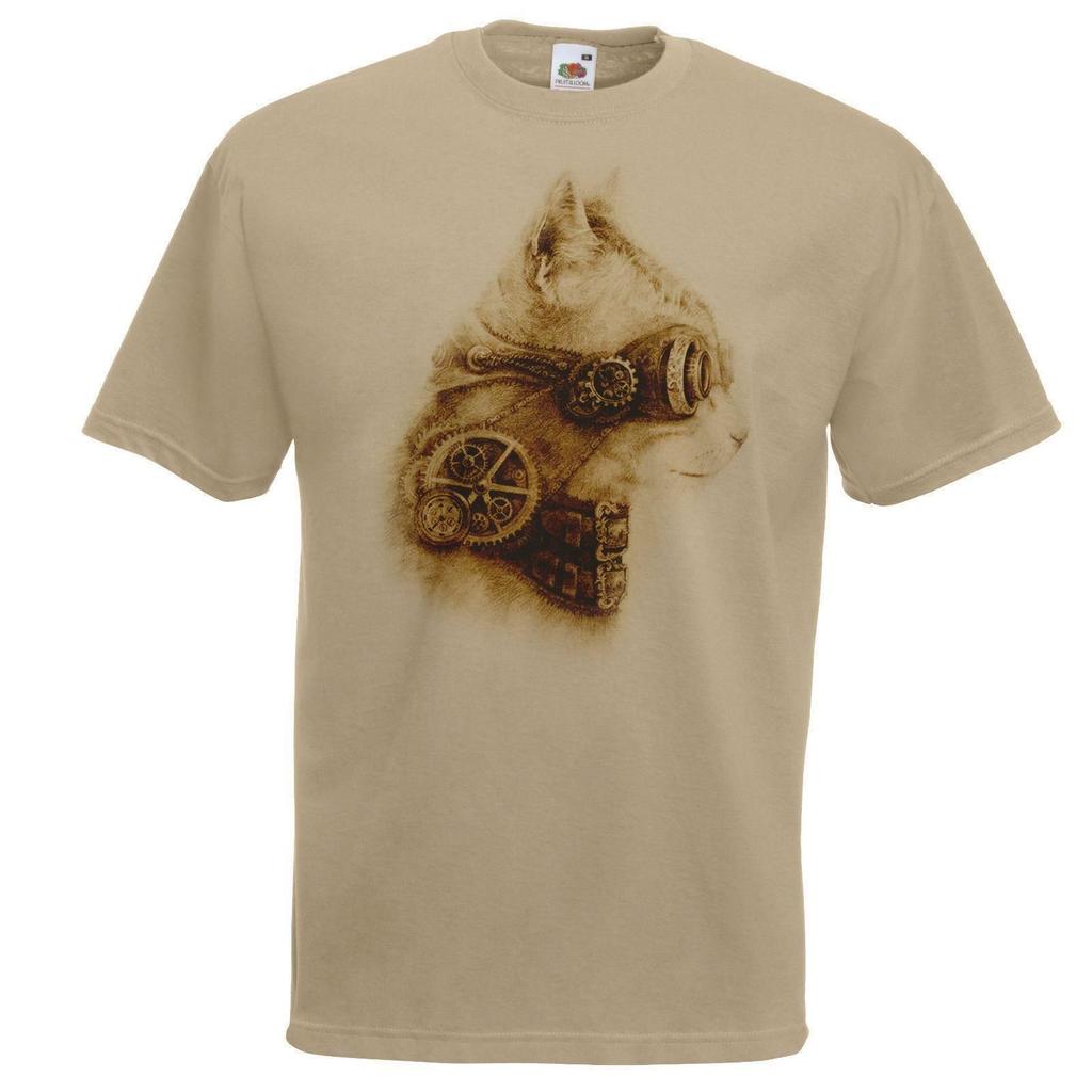 Adults Steampunk Goggles Cat 1980s Victorian Feline Unisex Khaki TShirt