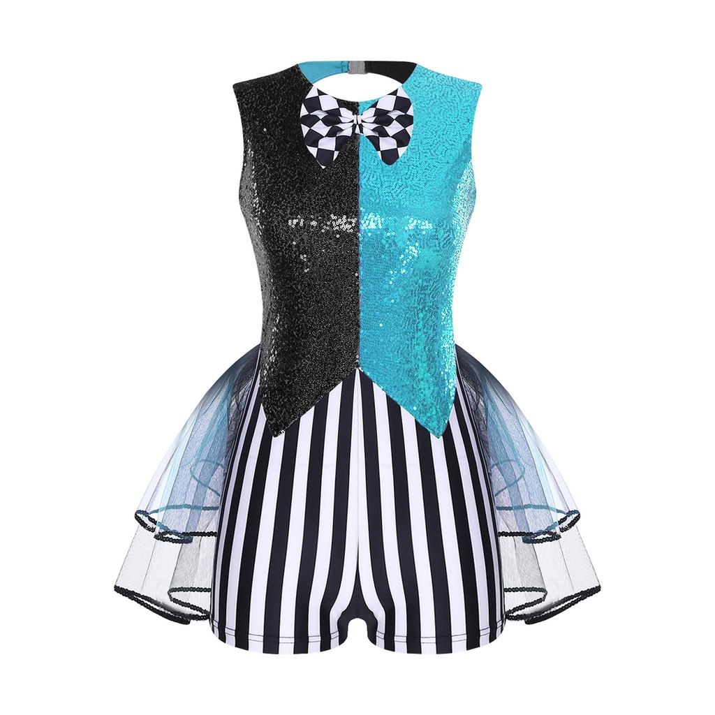 Tuta Romper a Strisce Color Block con Paillettes da Donna Costume da Clown Pazzo Cutout Gilet a Fiocco Orlo a Strati in Tulle