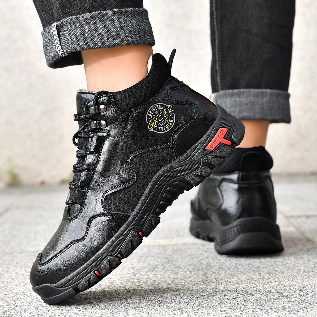 Men's High-Top Round-Toe Fashion Boots Lace-Up Outdoor Hiking Shoes Spring/Fall Thick-Sole Casual Oversized Men's Shoes