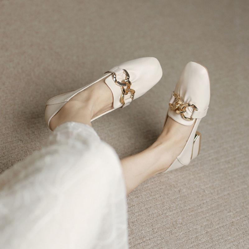 Fashion Shoes for Women with Medium Heels Pearl Square Toe Moccasins Evening Woman Pumps Loafers Elegant Dress on Sale Slip Comfortable