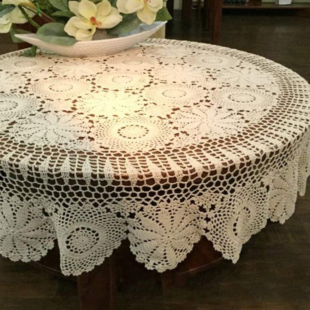 Yizunnu Beige 51-inch Diameter Round Handmade Crochet Tablecloth (Size Customizable)