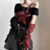 VAYLA Sommer Stern Patchwork Crop Tops Karomuster T-Shirt Damenmode Off Single Shoulder Y2k Tee Überärmel Fairy Grunge Shirts