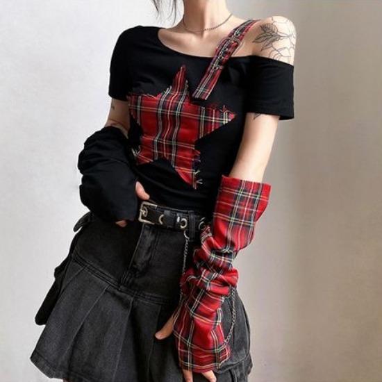 VAYLA Sommer Stern Patchwork Crop Tops Karomuster T-Shirt Damenmode Off Single Shoulder Y2k Tee Überärmel Fairy Grunge Shirts
