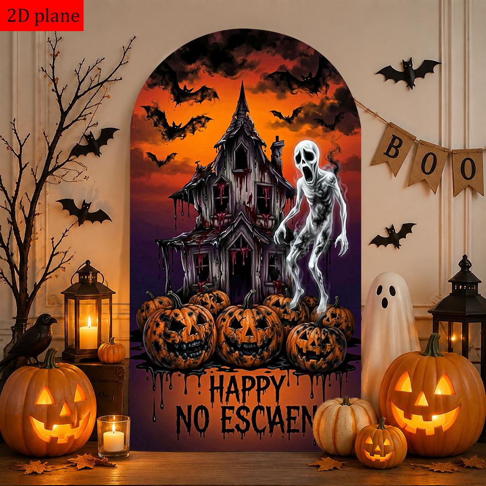 Joyful Halloween Arched Backdrop with Ghost, Ghost Face, and Pumpkin Patterns, Adding a Spooky Halloween Atmosphere