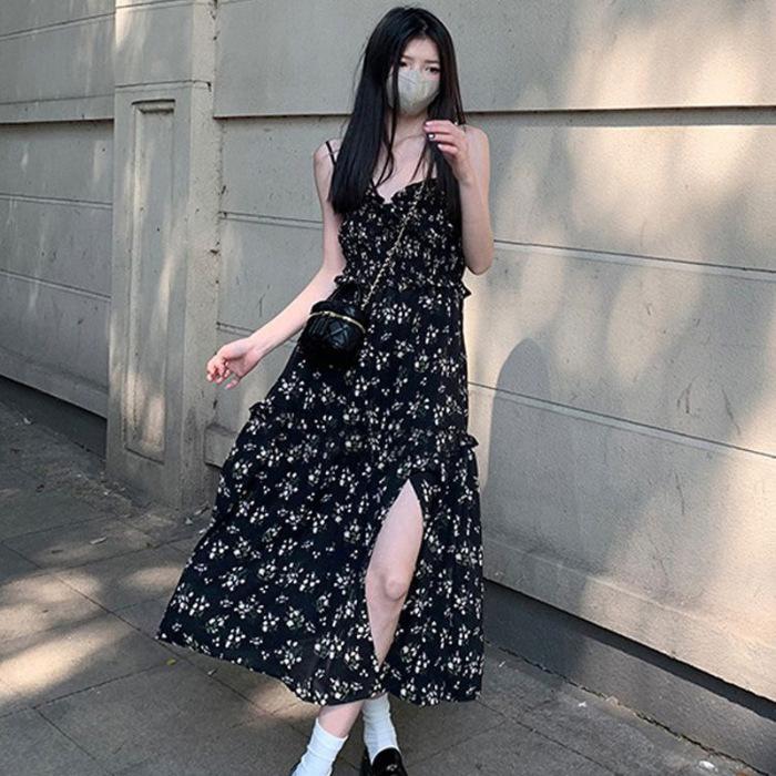 French Square Neck Floral Dress Women's Summer New Spice Girl Waist Medium and Long Split A-shaped Skirt