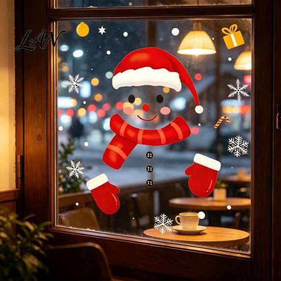 Indoor Outdoor Holiday Signage Christmas Static Window Clings, Smiling Snowman Decals with Snowflake Party Supplies Patterns, Waterproof PVC