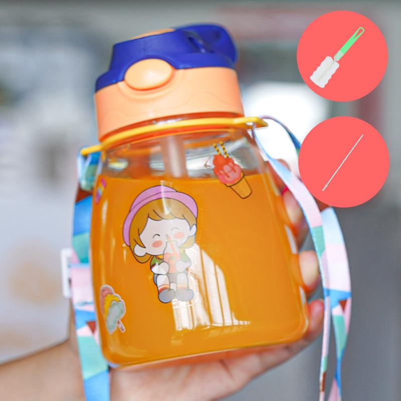 Water bottle1011 new children's cartoon straw cup strap handle portable plastic cup baby cute water cup