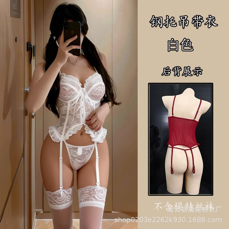 Large size new sex underwear steel tray hollow garter belt split purple nightdress sexy temptation small chest must enter