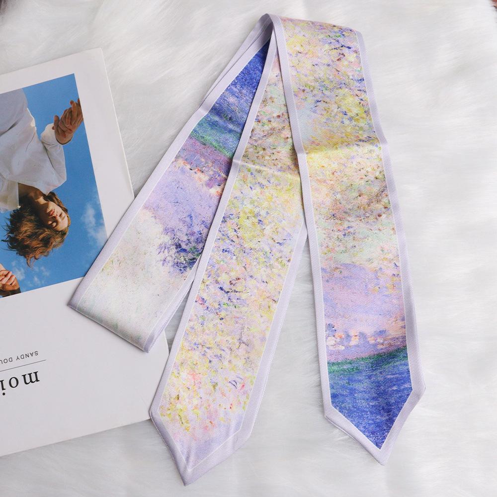 Lenço de seda pequeno e longo estilo pintura a óleo pastoral de Van Gogh lenço versátil feminino lenço de cabeça para rabo de cavalo fita para bolsa amarrada cinto de férias