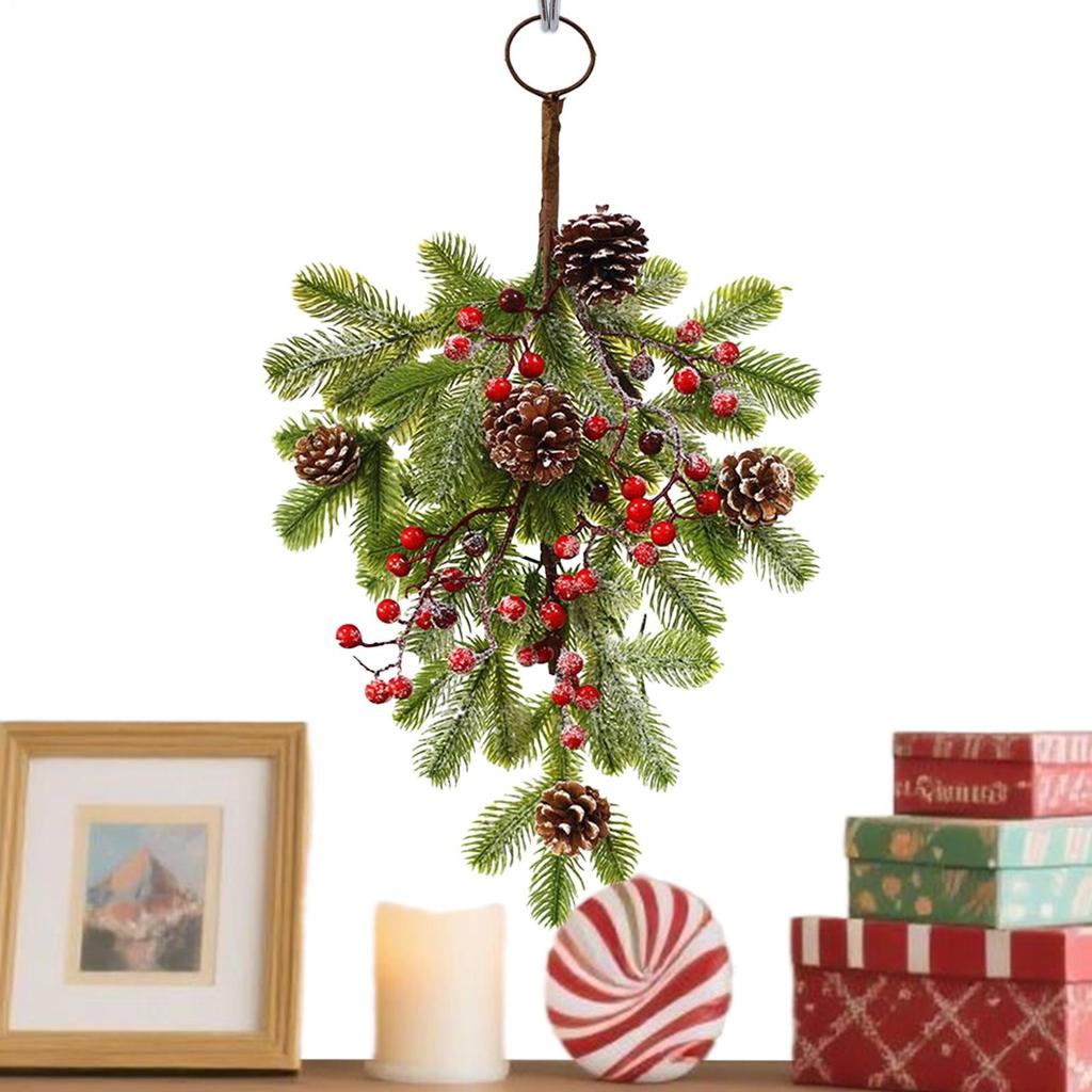 Christmas Wreath Teardrop Berry Pine Cones Swag Decor Artificial Holiday Garland for Holiday Indoor Fireplace Mantle Porch