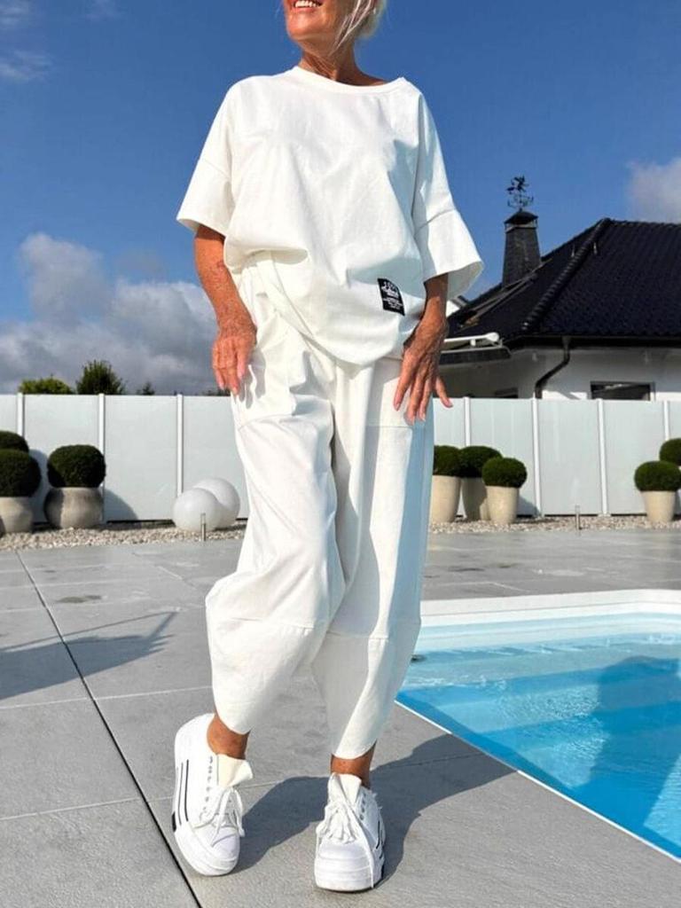 2025 Sommer Damen Lässiges Lockeres Zweiteiliges Set mit Taschen und Kurzen Ärmeln