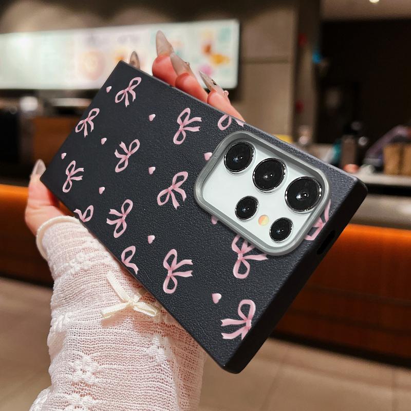 Pink Bowknot Print Matte Slim Case For Samsung S25 Ultra S24 FE S23 S22 A56 A36 A16 A55 A15 A35 A26 Leather Texture Soft TPU Shockproof Phone Cover