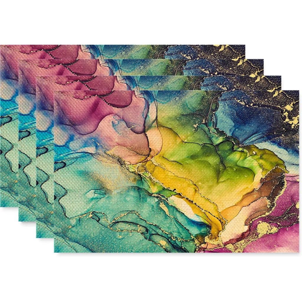 Anti Fouling and Heat-insulating Table Mat 4PC Placemat Watercolor Marble Printed Fabric Linen Placemat  Western Style Placemat