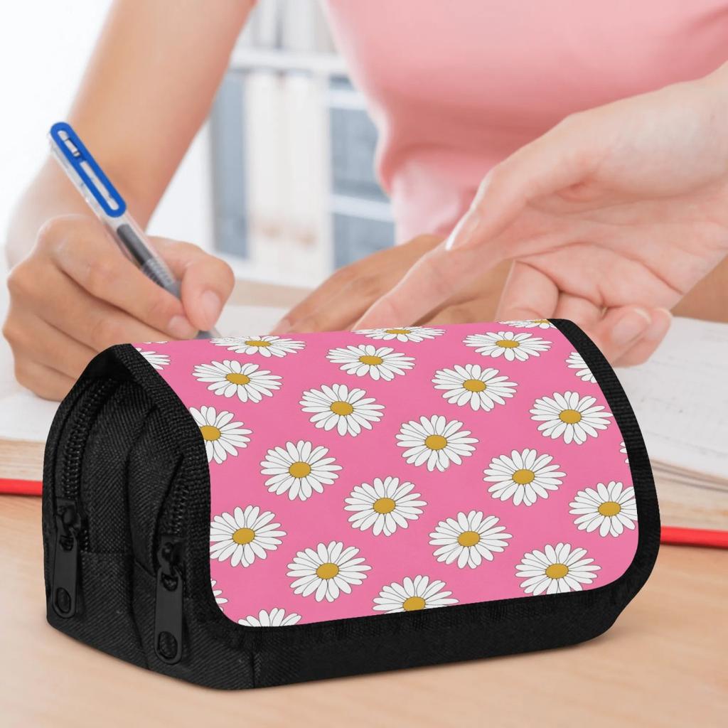 Packing Organizers 1pc Double Layer Flip Pencil Case - Foundation Daisies, Large Capacity, Portable Polyester Pen Storage Bag with Zipper Closure, Ide