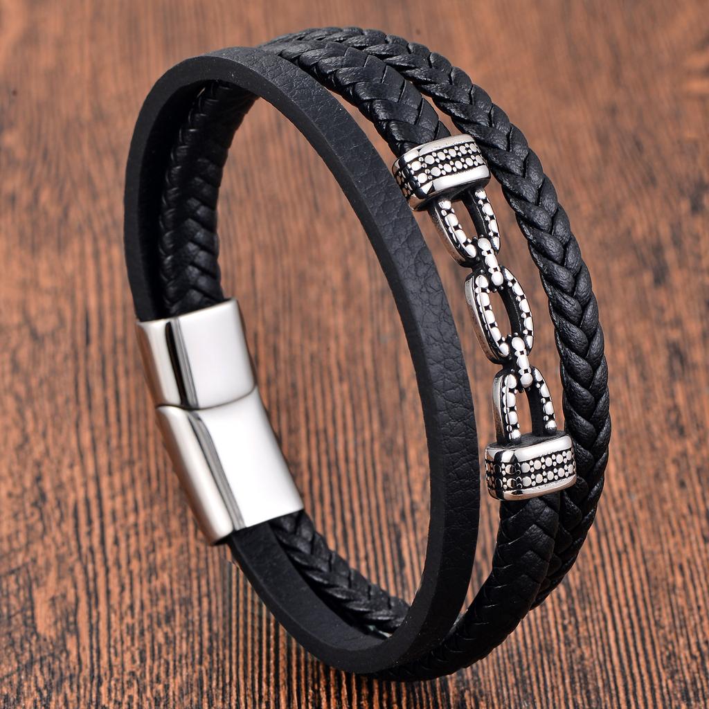 Black Leather Rope Cowhide Men's Double-layer Genuine Leather Woven Bracelet Handmade Multi-layer Leather Bracelet