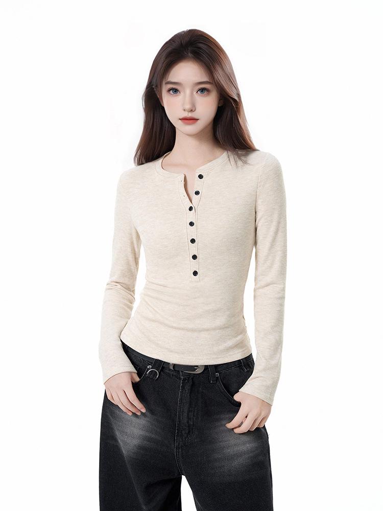 Women's Slim-Fit Long-Sleeve Henley Top: Waist-Cinching Base Layer for Autumn/Winter 2026