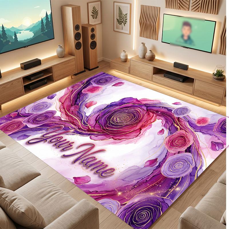 Floral Garden Theme Crystal Velvet Floor Rug Personalized Custom Name Text Warm Carpet Home Decoration