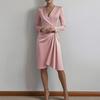 Spring New, European and American Women's Clothing, Fashionable and Elegant Solid Color V-neck Pleated Slim Dress