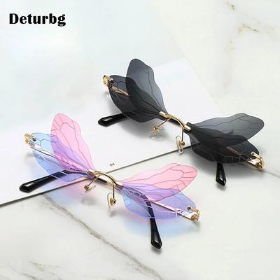 Fashion Dragonfly Wings Rimless Sunglasses Catwalk Women's Luxury Funny Sun Glasses Shades For Women UV400 2024