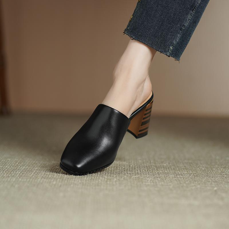 Fashion 2025 New Genuine Leather Fashion Shoes Women High Heels Square Toe Mules Slippers Ladies Office Dress Shoes Sandales Pumps