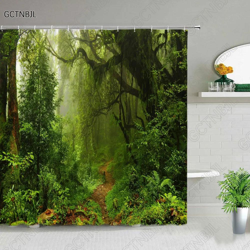 Modern 3D Printing Green Plant Tree Scenery Shower Curtains Forest Bamboo Landscape Bath Curtain Set For Bathroom Decor Cloth