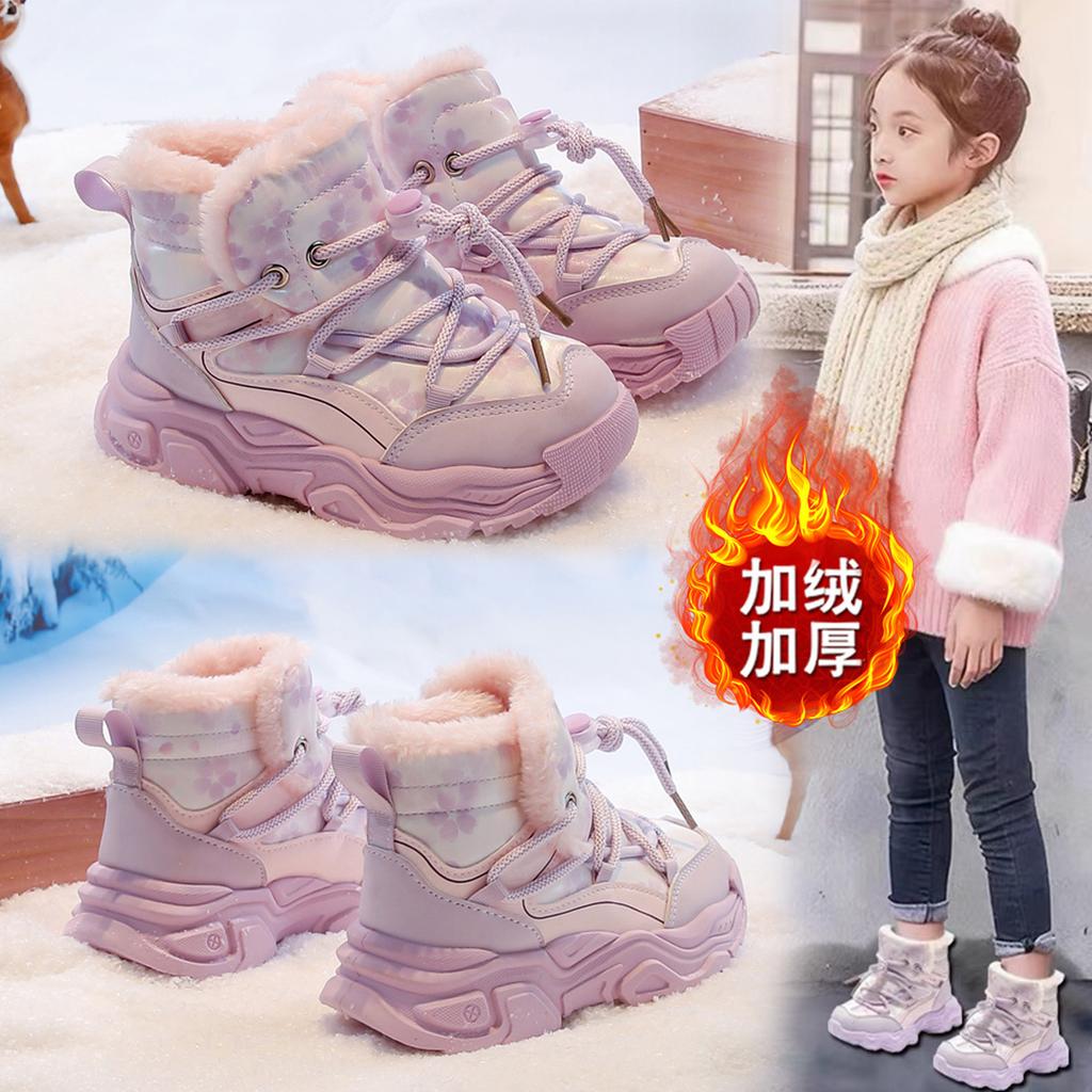 Girls' large cotton sneakers suitable for sub-zero temperatures, winter cotton shoes, waterproof, fleece-lined, warm and thickened, children's