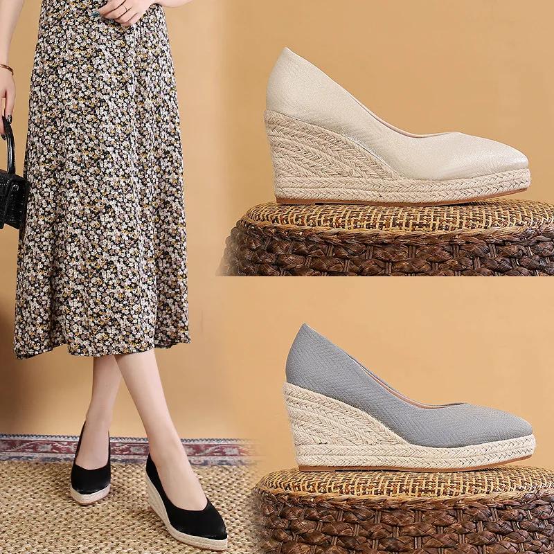 2025 Spring Summer High Heels Women Party Shoes Pointed Toe Ladies Wedges Brand Women Pumps Wedge Heel 8cm Plus Size 42 D251