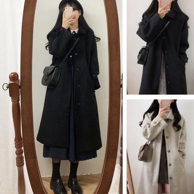 Fall Winter Women Overcoat Turn-down Collar Long Sleeve Single-breasted Pockets Loose Mid Length Solid Color Soft Warm Thick Lady Mid-calf Length