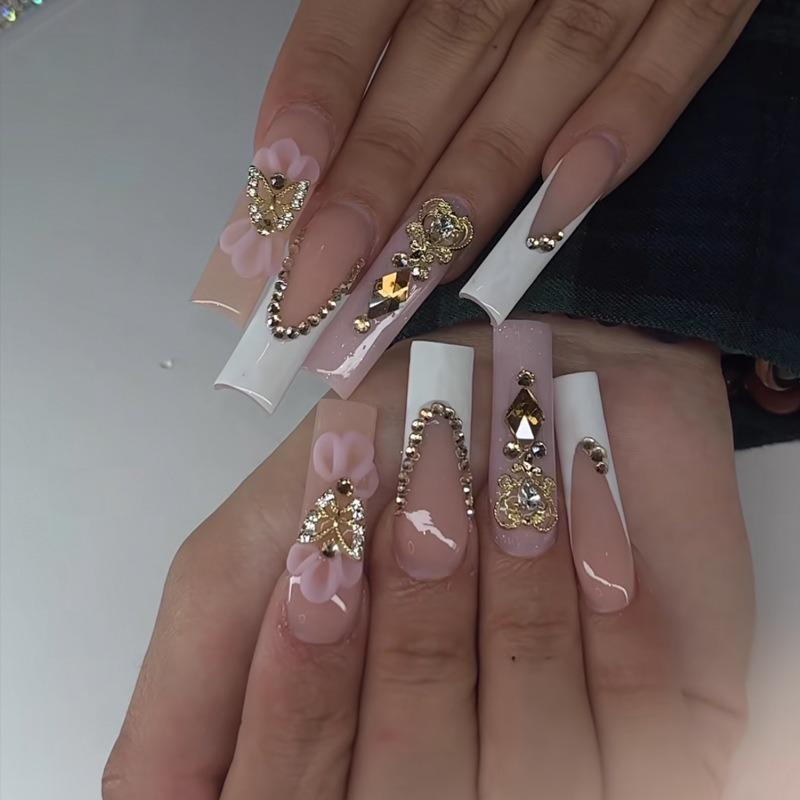 Noste Dlouhý Francouzský Ručně Dělaný Manikúrní Kousek Kamínkový Postupný Přechod Odnímatelná Nálepka na Nehty