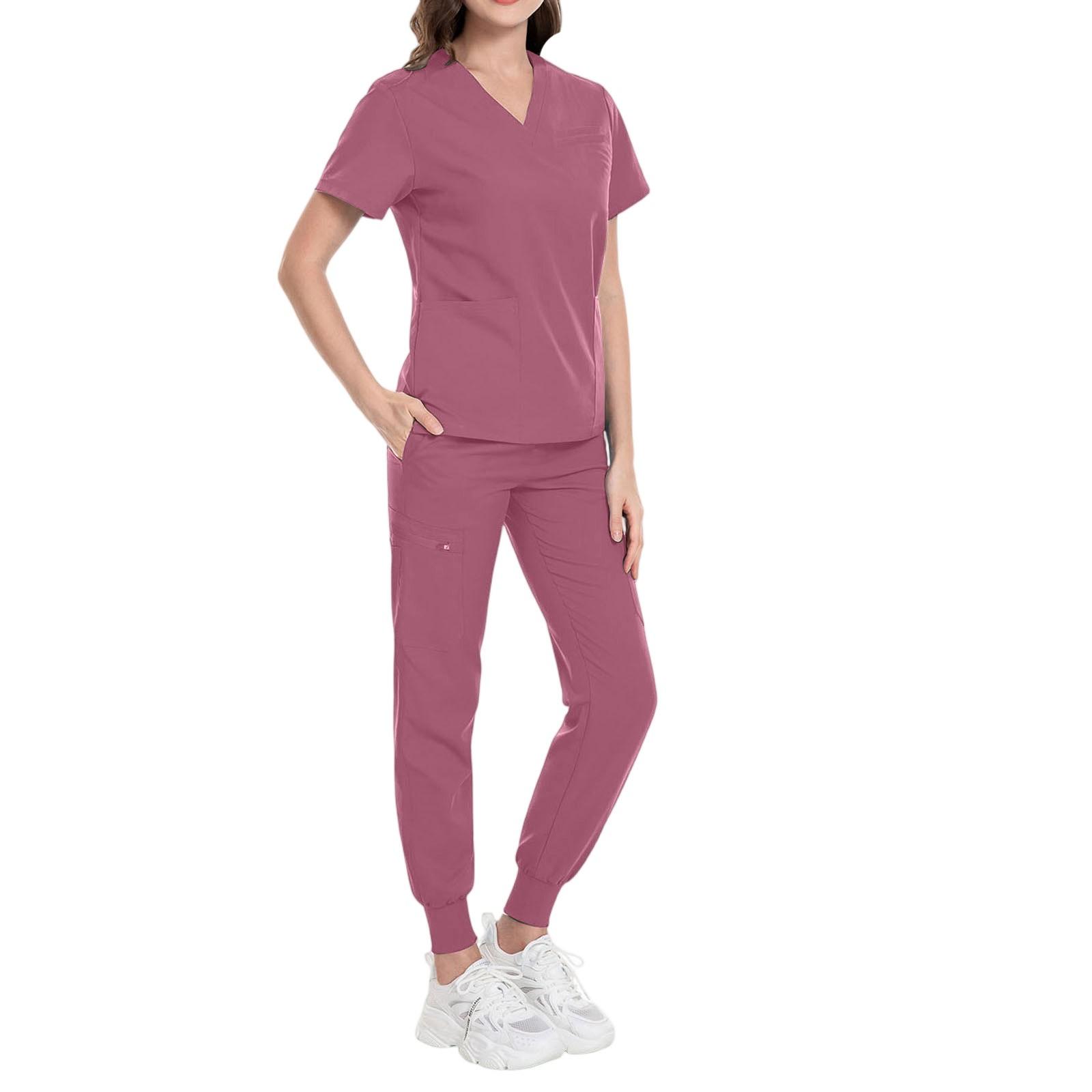 

Женский однотонный топ с короткими рукавами и круглым вырезом, карманы, брюки, рабочая одежда, комплект из двух предметов L розовый