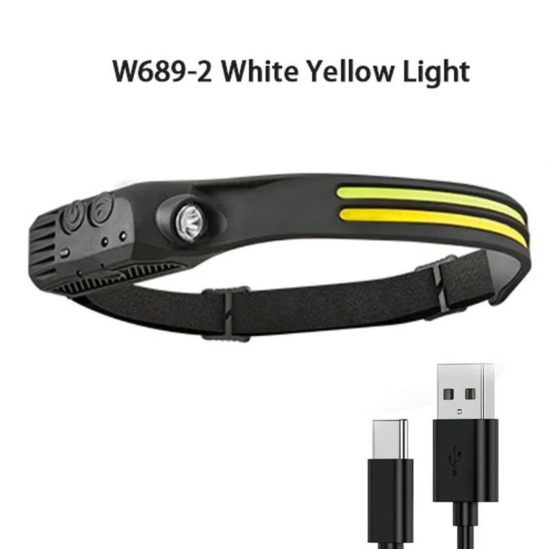 Latarka czołowa z wbudowanym akumulatorem ładowanym przez USB, latarka czołowa COB LED, latarka z czujnikiem, latarka, latarka, wędkowanie