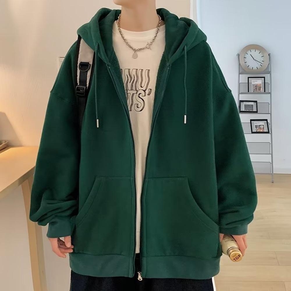 Men's Plus Velvet Autumn Loose Solid Color All-match Hoodie Casual Breathable Zipper Sports Jacket