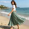 Women Maxi Skirt, Elastic Waist Plaid Print Long Skirt, Flowy Hem Lightweight Summer Skirt for Beach Travel Vacation Party