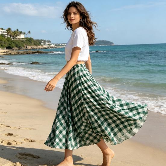 Women Maxi Skirt, Elastic Waist Plaid Print Long Skirt, Flowy Hem Lightweight Summer Skirt for Beach Travel Vacation Party