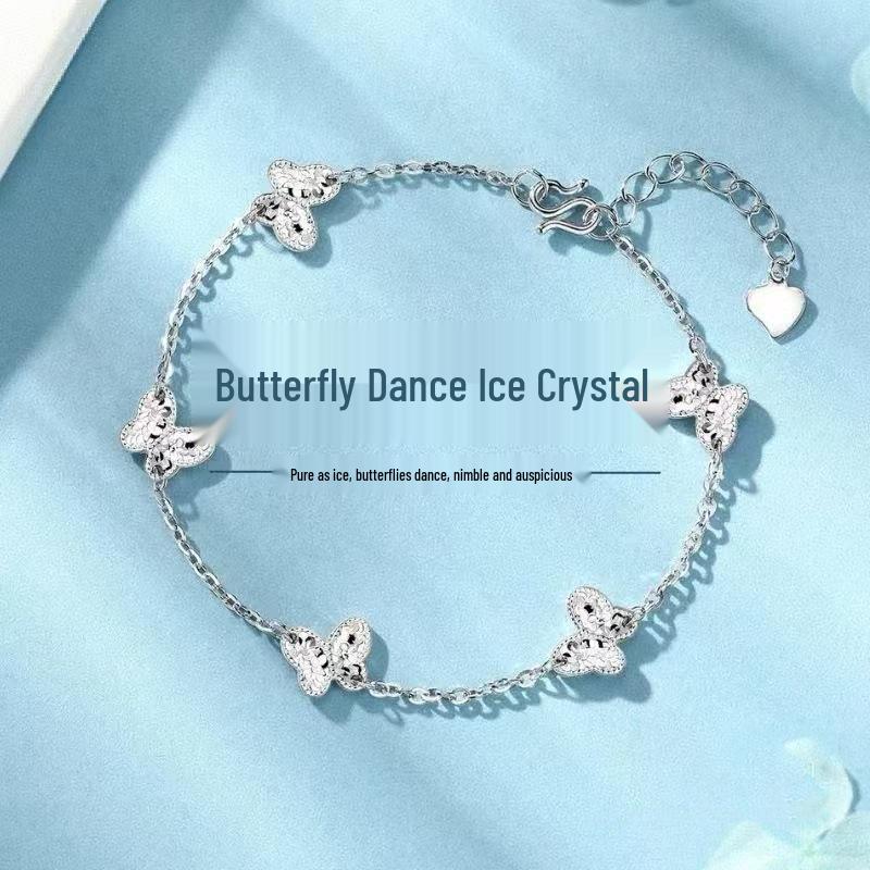 

999 Sterling Silver Double-Sided Crushed Ice Butterfly Bracelet for Women - Elegant & Luxurious High-End Fashion Accessory Bracelet Only