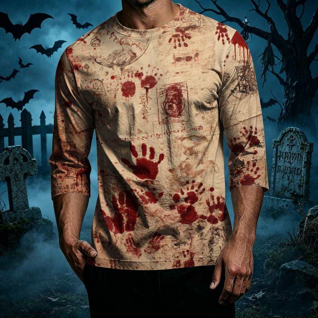 Men Casual Halloween Printed Crew Neck Three Quarter Sleeve T Shirt Comfortable Fit Soft Fabric Novelty Top for Holiday
