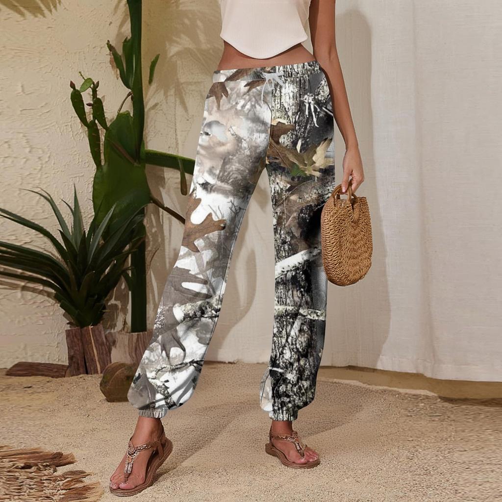 Damen Freizeithose mit Blätterdruck, Jogginghose mit Kordelzug, elastischem Bund und schmal zulaufendem Bein