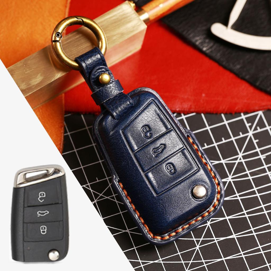For VW Passat Magotan Golf Key Fob Cover, Genuine Leather Case with Anti-Loss Key Ring & Strap, Full Set Accessories in Gift Box