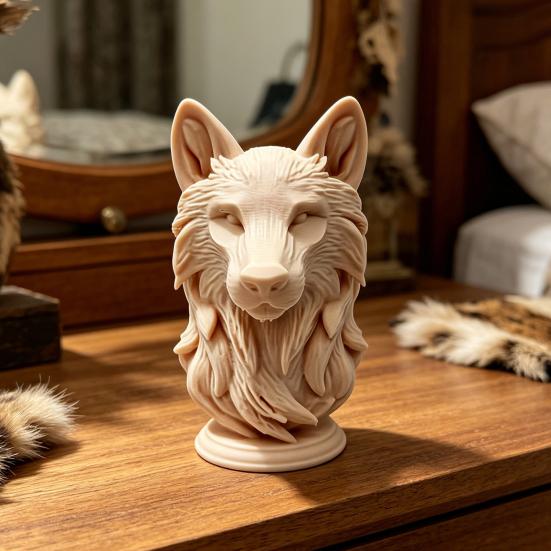 3D Printed Wolf Head Figurine, Realistic Wolf Head Statue with Round Base, Wild Animal Head Sculpture for Home Office Bookshelf