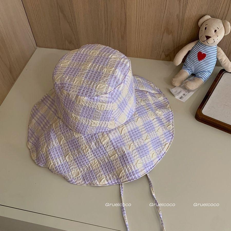 Summer thin plaid bucket hat concave shape casual versatile plaid sunshade basin hat outdoor sunscreen hat