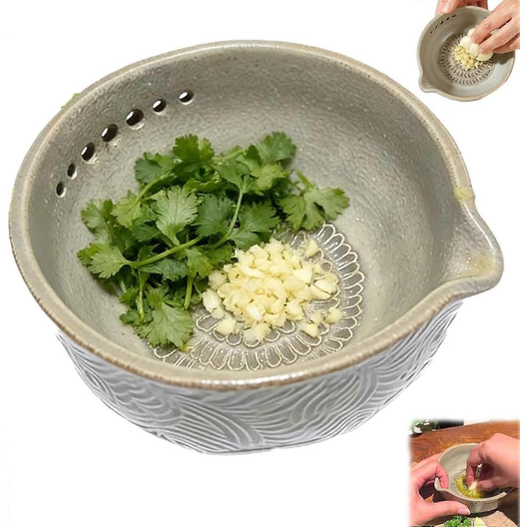 Handmade Garlic Grater Herb Bowl, Herb Bowl for Garlic, Ceramic Garlic Grater, Multi-functional Design Herb Stripper Tool with Grater for Sauces, Mari