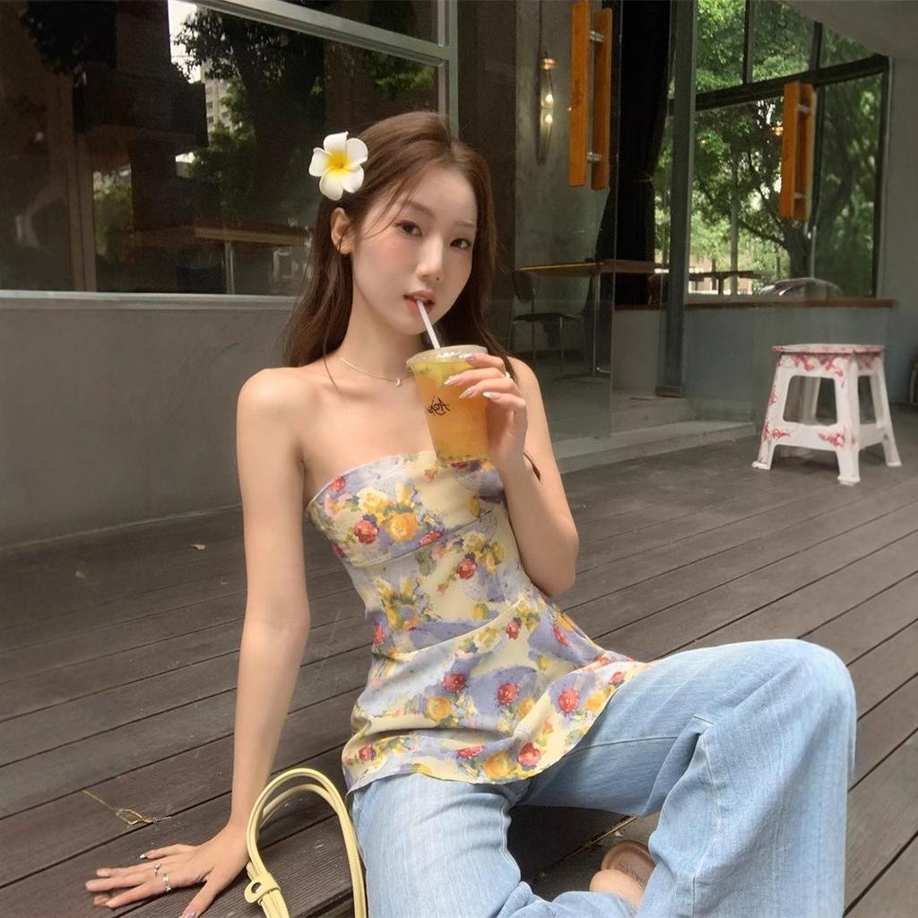 Fresh and sweet summer strapless floral design strapless camisole for women, irregular hem waist-cinching top