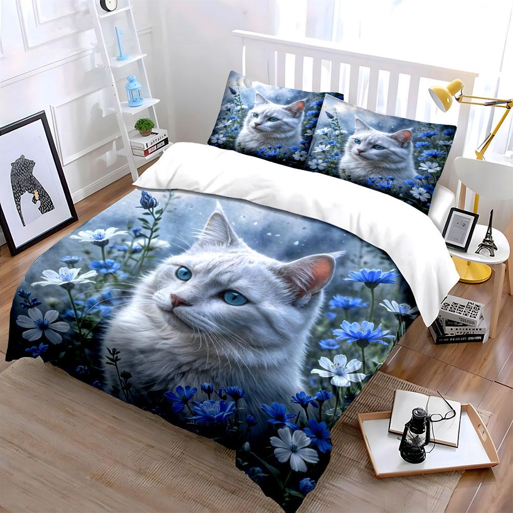 "Floral Cat Art Decoration Set" Soft Skin-Friendly Bedding Set Includes 1 Duvet Cover And 2 Pillowcase, Gift