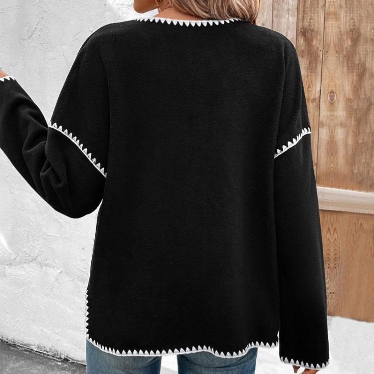 Women Autumn Winter Casual Long Sleeve Fleece Cardigan Coat O Neck Matching Color
